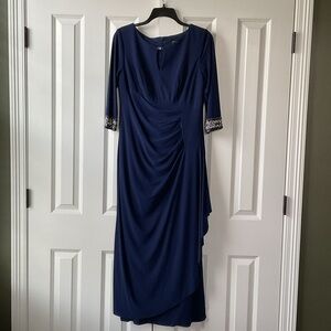 Alex Evenings Navy Long Sleeve Dress with Embellished Cuffs